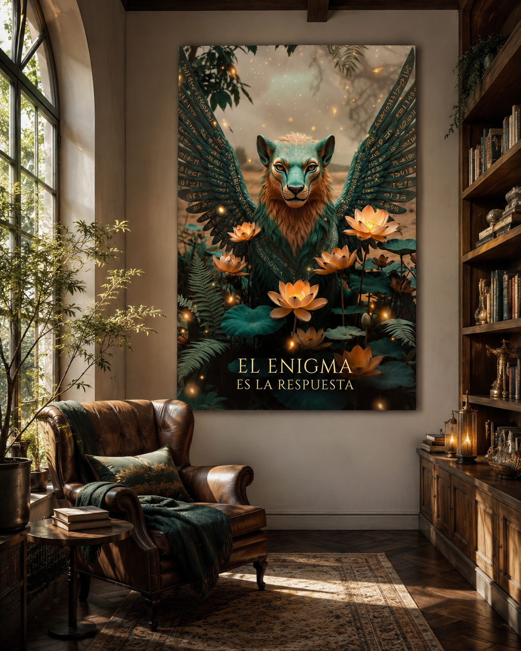 Arte de fantasía de esfinge etérea con detalles dorados