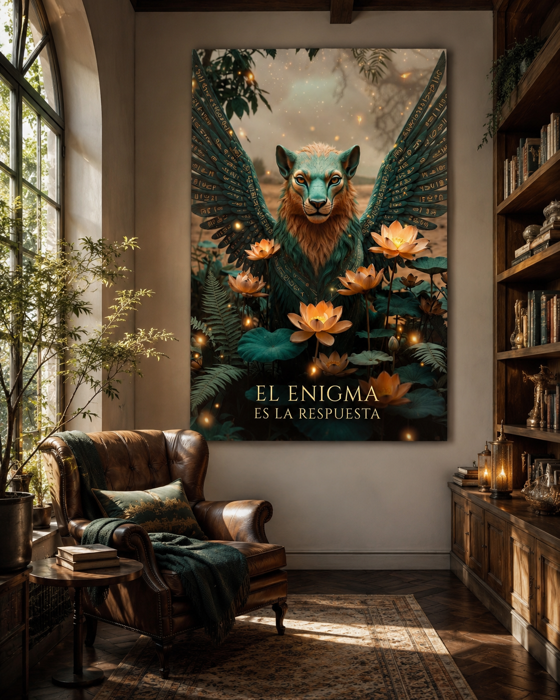 Arte de fantasía de esfinge etérea con detalles dorados