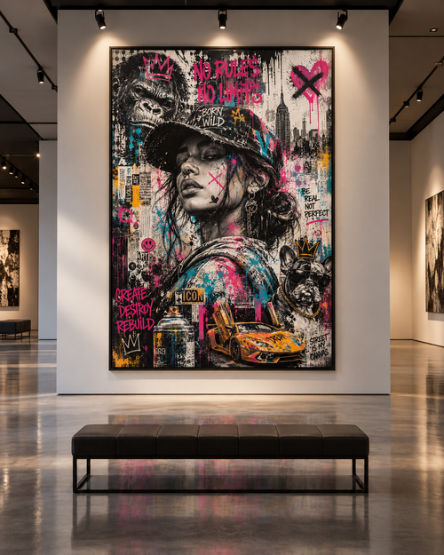 Lienzo Born Wild de arte urbano street pop con retrato de mujer con gorra en rosa y negro, en una galería blanca
