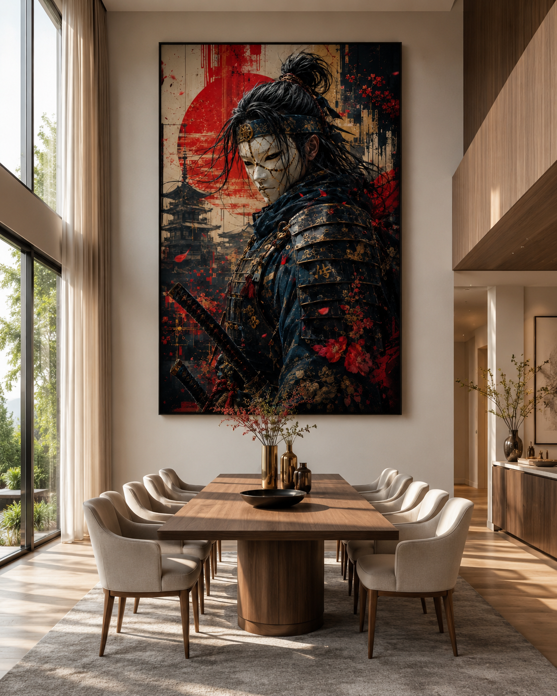 Samurái con Máscara Blanca y Sol Naciente en Lienzo | Arte Guerrero Japonés con Katana y Pagoda