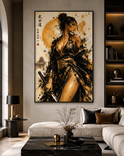 Onna-Bugeisha elegante en negro y dorado | lienzo japonés
