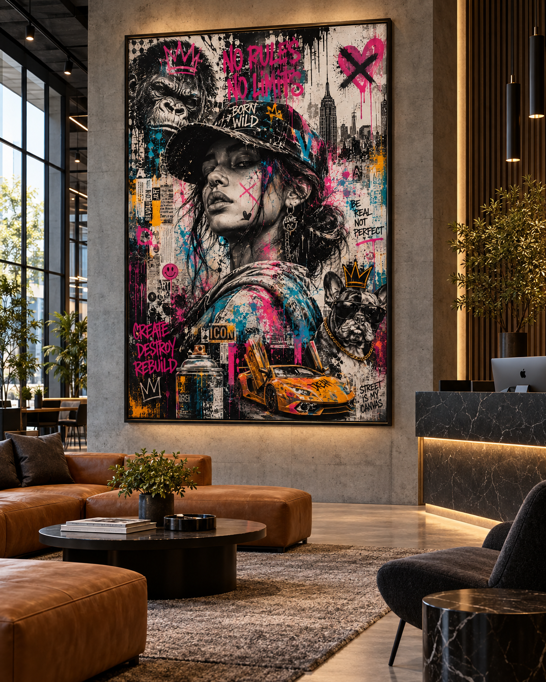 Cuadro de arte urbano Born Wild en un salón moderno con sofá de cuero coñac y mesa de centro negra