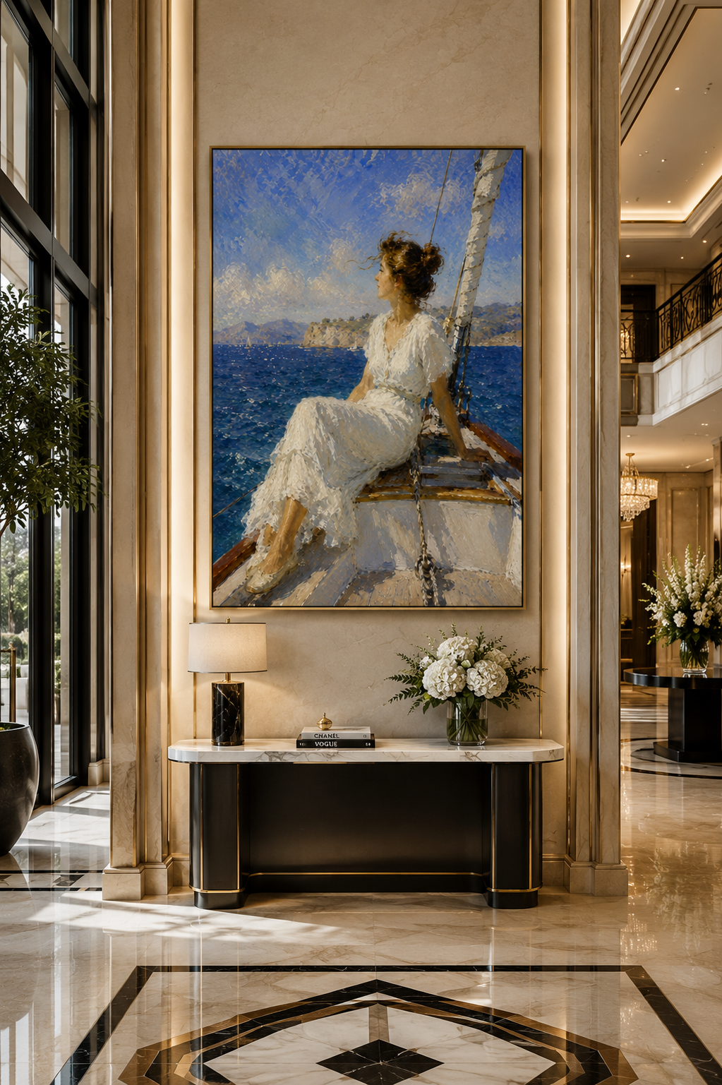 Lienzo impresionista de velero en un salón moderno