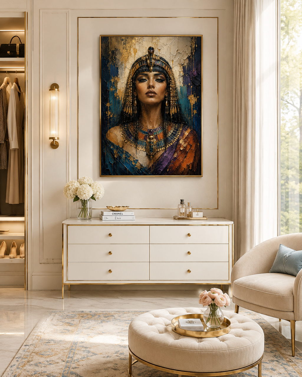 Retrato de Cleopatra en dormitorio clásico con cómoda beige y dorado
