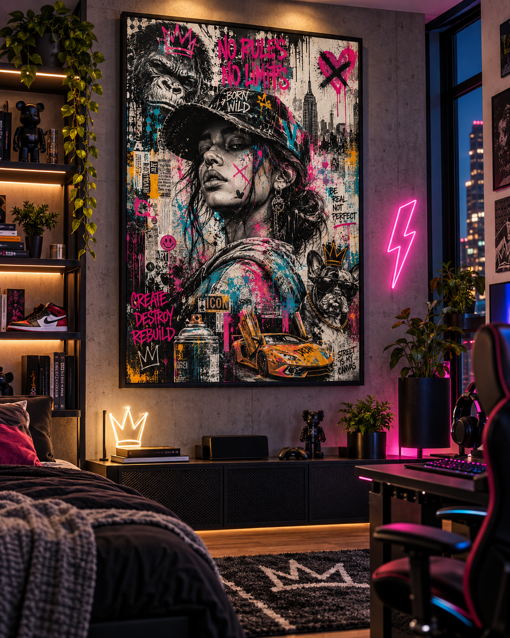 Cuadro Born Wild de arte urbano en un dormitorio juvenil con neón de rayo rosa y silla gaming rosa