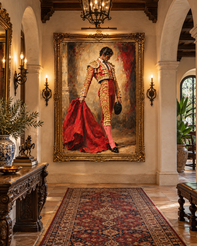 Lienzo de torero con capote rojo en marco dorado sobre un recibidor andaluz con arcos, apliques de velas y alfombra persa