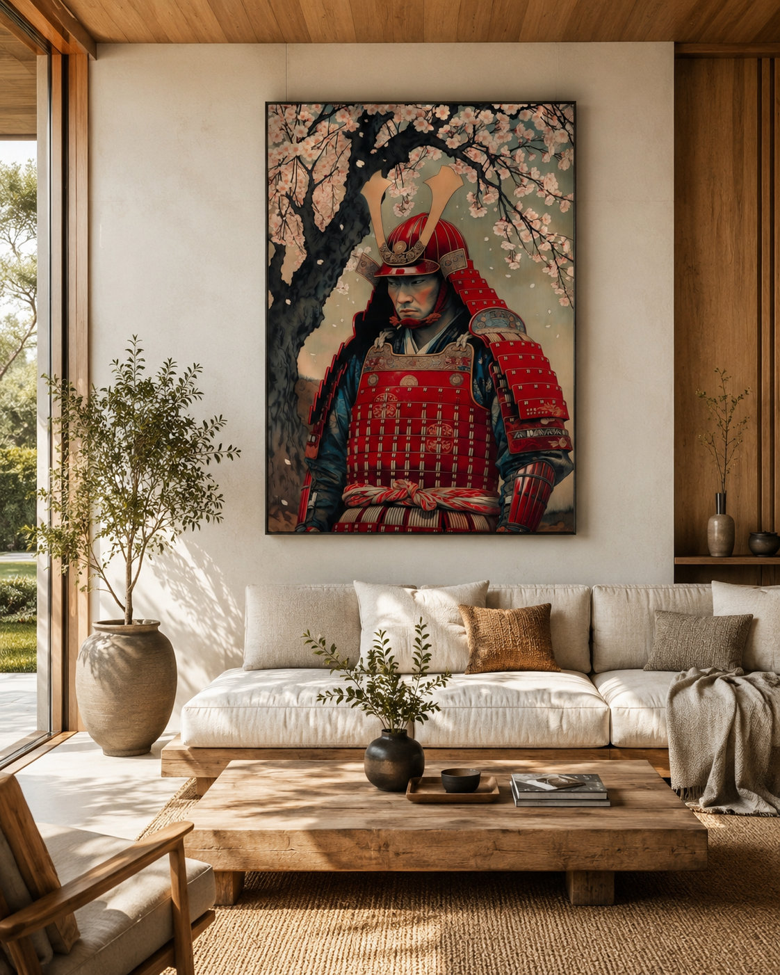 Lienzo de inspiración japonesa con samurái y cerezo
