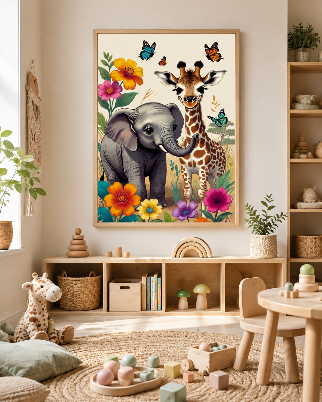 Lienzo infantil impreso de elefante y jirafa junto a libros infantiles