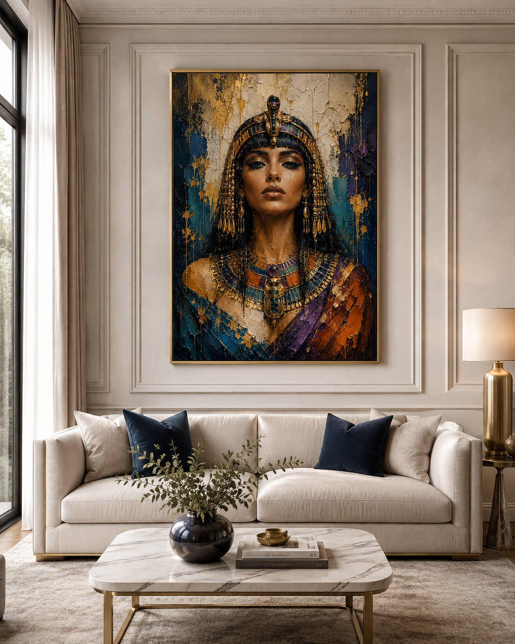 Retrato de Cleopatra en dormitorio de lujo con sillón azul noche