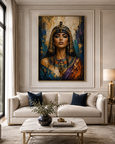 Retrato de Cleopatra en dormitorio de lujo con sillón azul noche