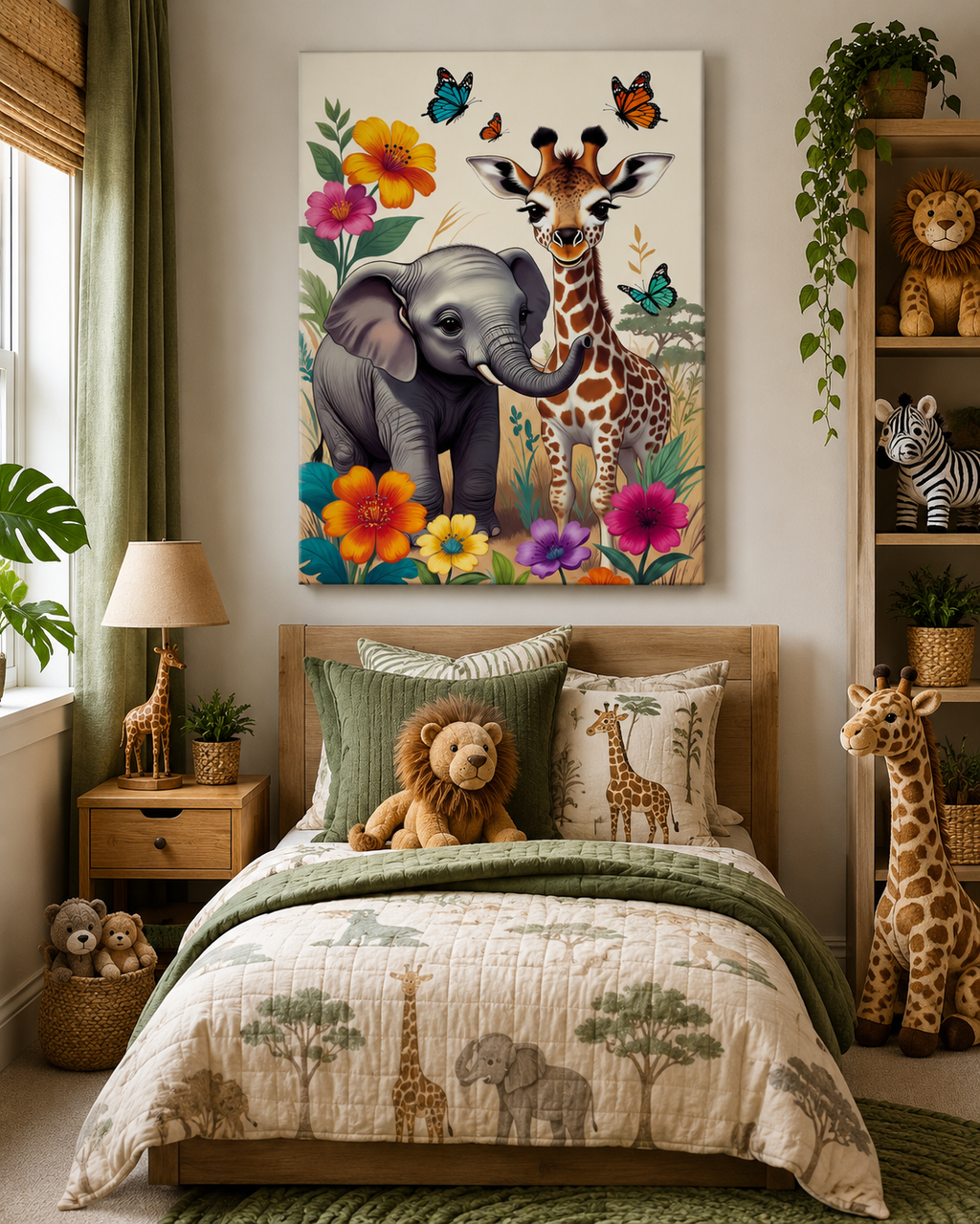 Lienzo infantil de elefante y jirafa en habitación con litera de madera estilo safari