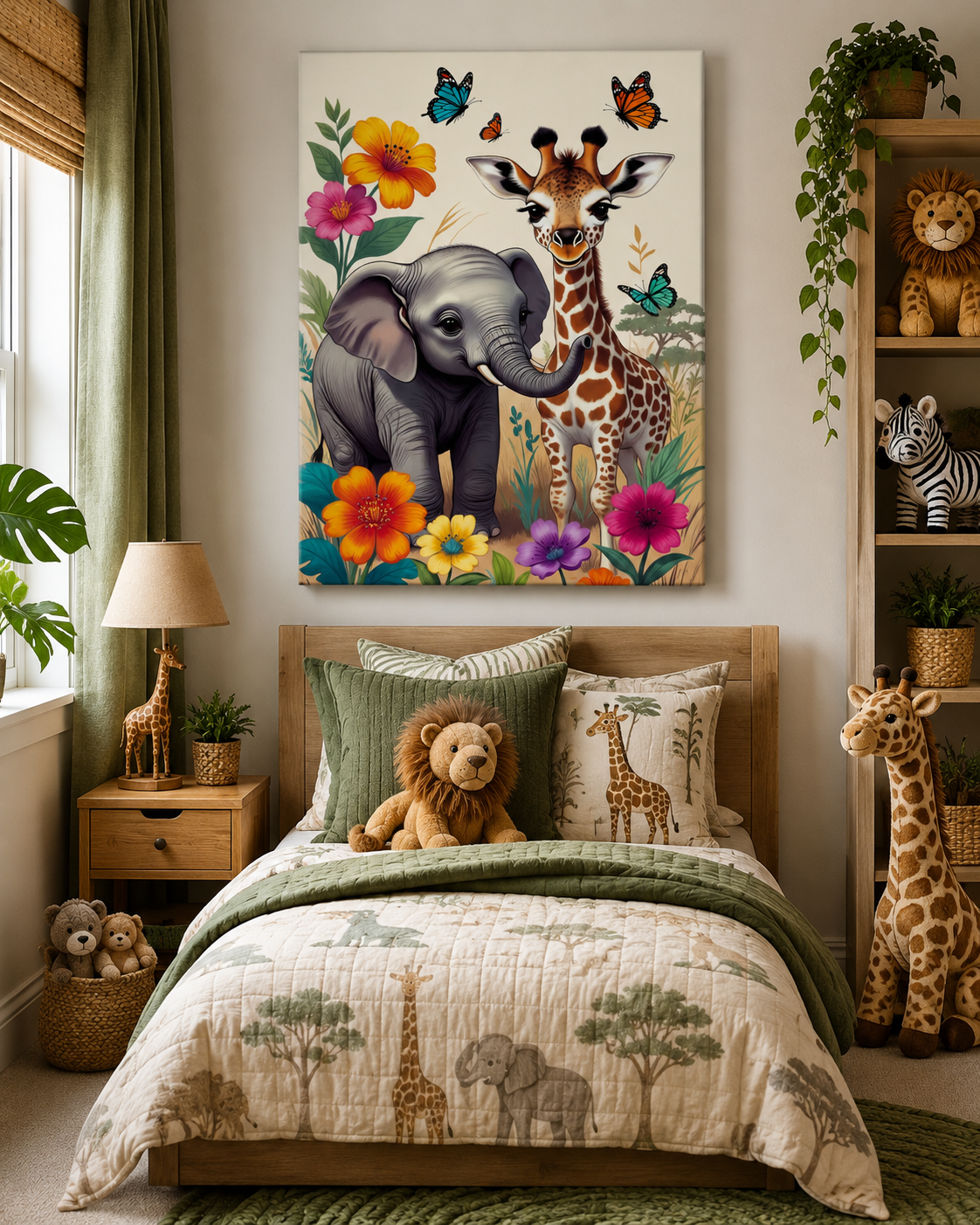 Lienzo infantil de elefante y jirafa en habitación con litera de madera estilo safari
