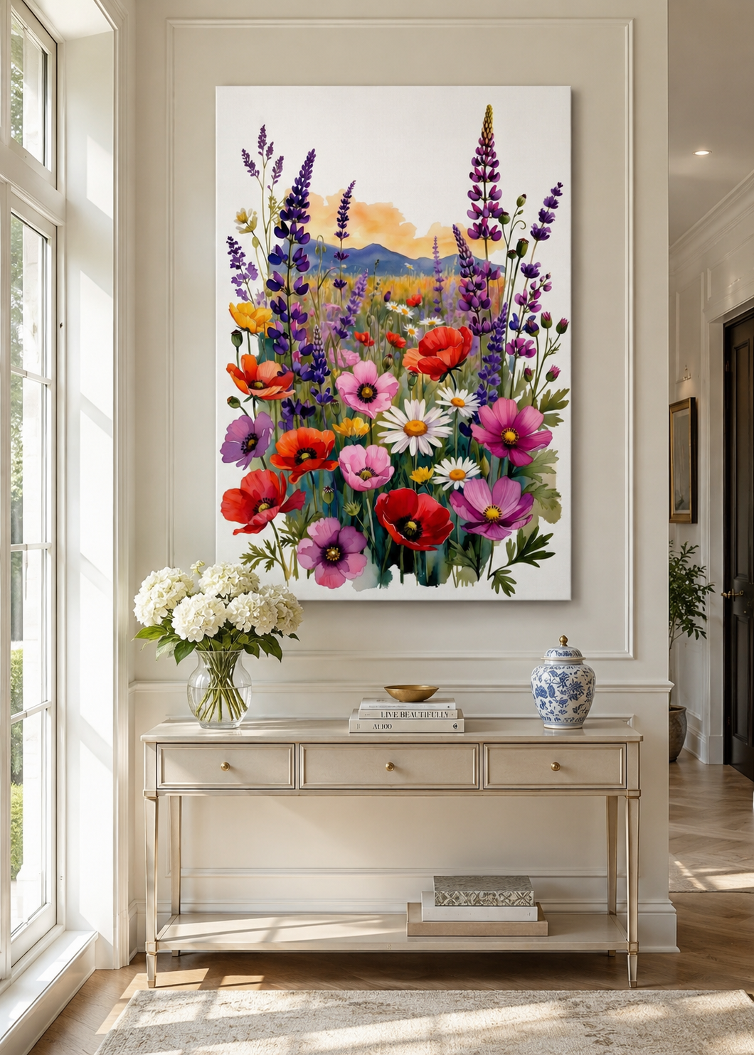 Lienzo floral de jardín con amapolas y flores silvestres