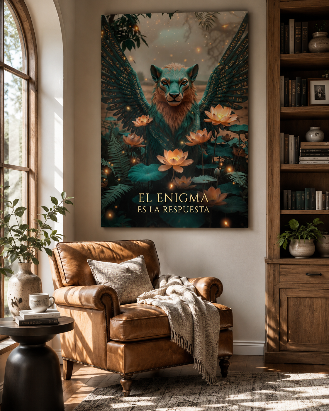 Lienzo místico de esfinge con alas y flores de loto