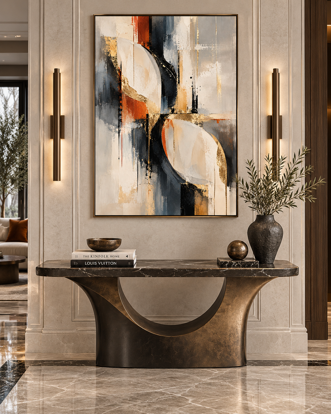 Lienzo Alas de Oro, abstracto en terracota y azul marino, en salón moderno