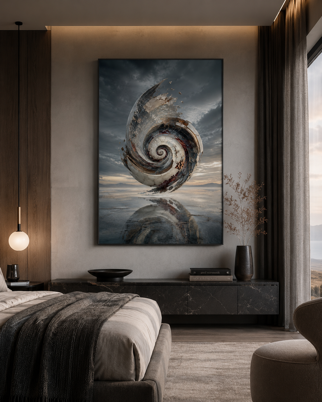 Lienzo abstracto de espiral fracturada en dormitorio con mueble negro y cortinas