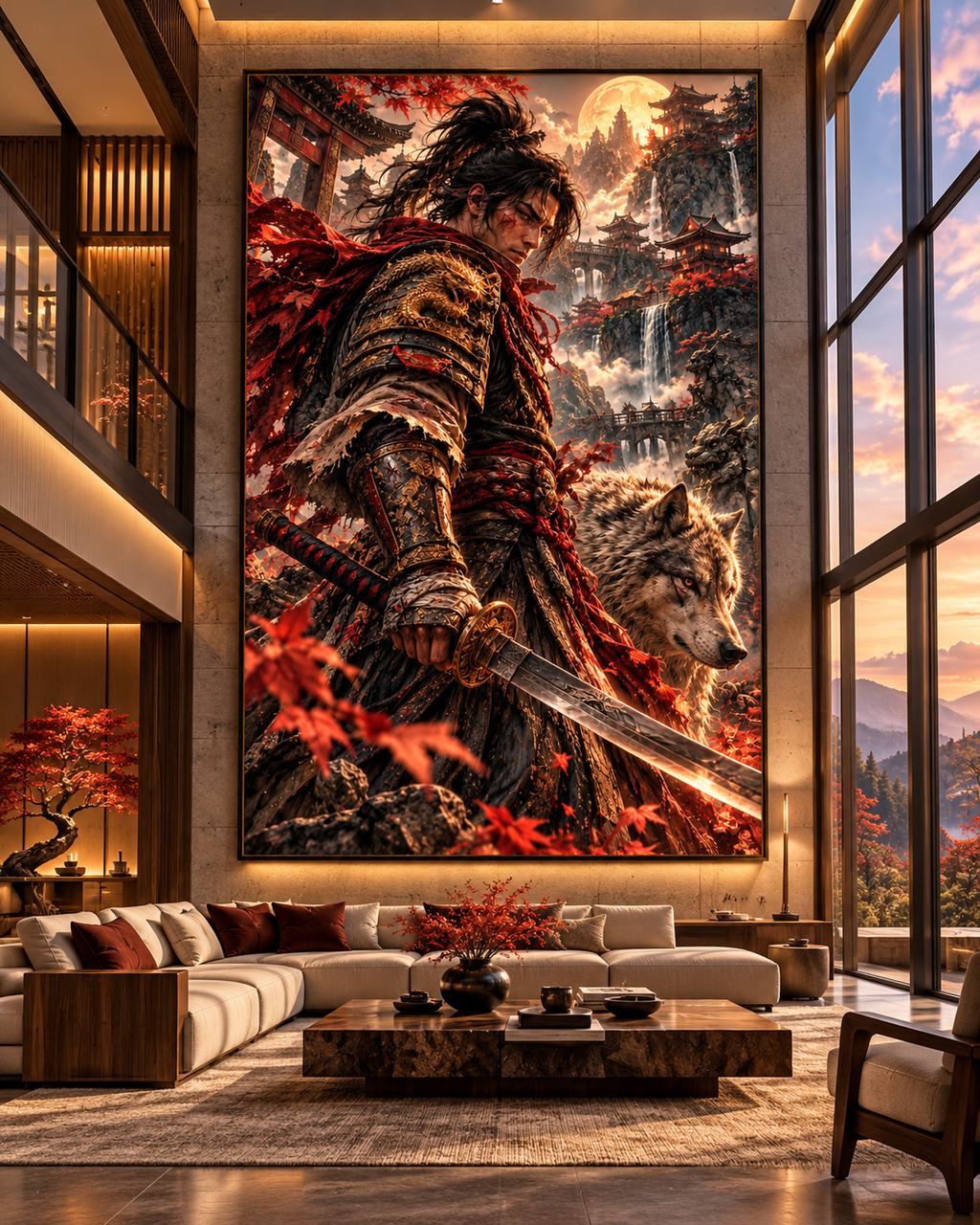 Lienzo Samurái y Lobo entre Arces Rojos, arte japonés impreso en algodón premium (vista 1 de 10)