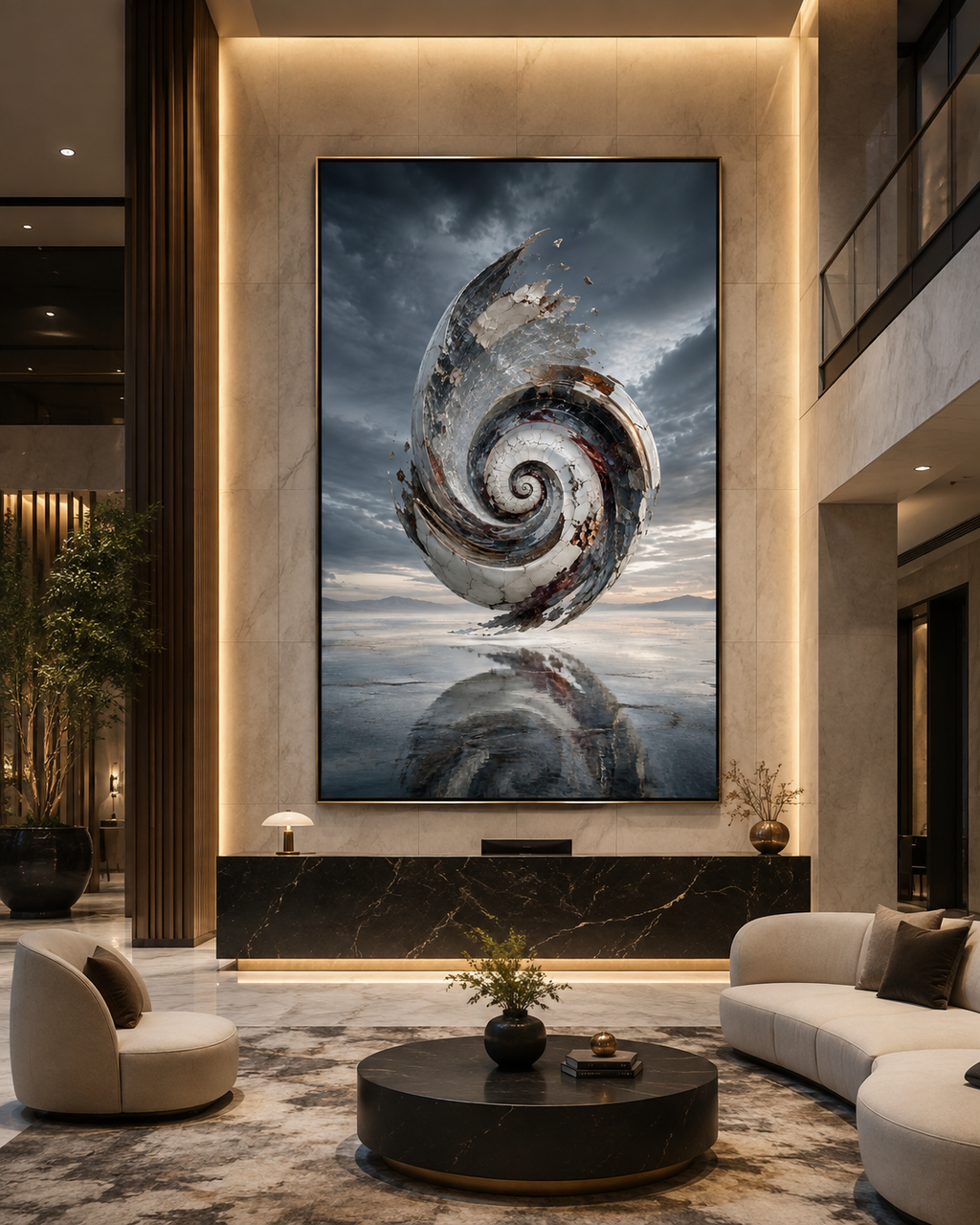 Lienzo abstracto de espiral fracturada en recibidor de mármol con escultura dorada