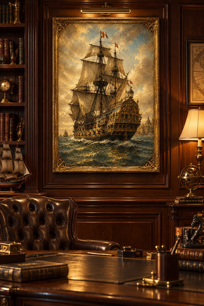 Lienzo de galeón navegando entre olas en un despacho de madera con sillón Chesterfield y escritorio clásico