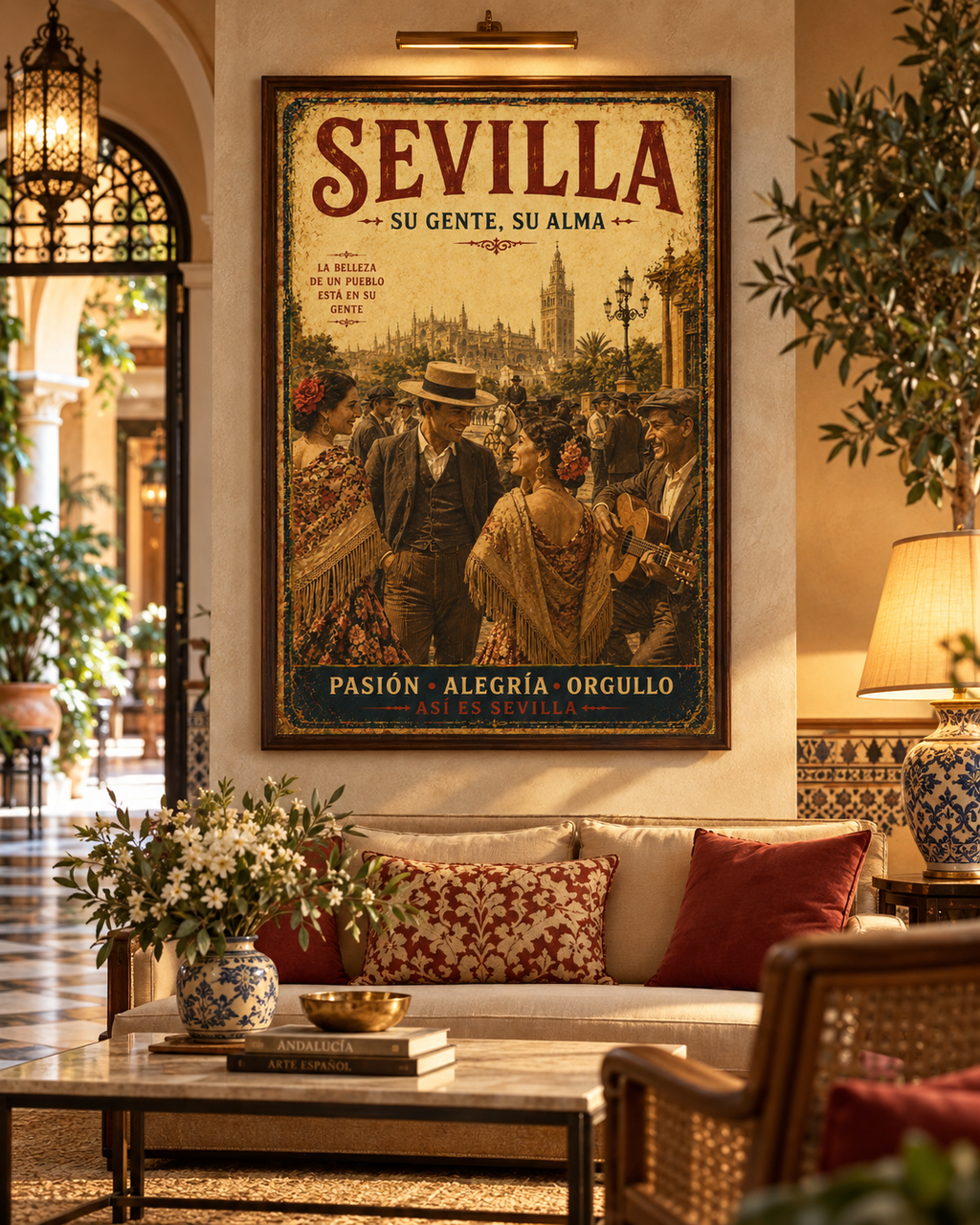 Lienzo de arte español Sevilla Su Gente Su Alma en comedor con azulejos andaluces, sin bastidor ni marco