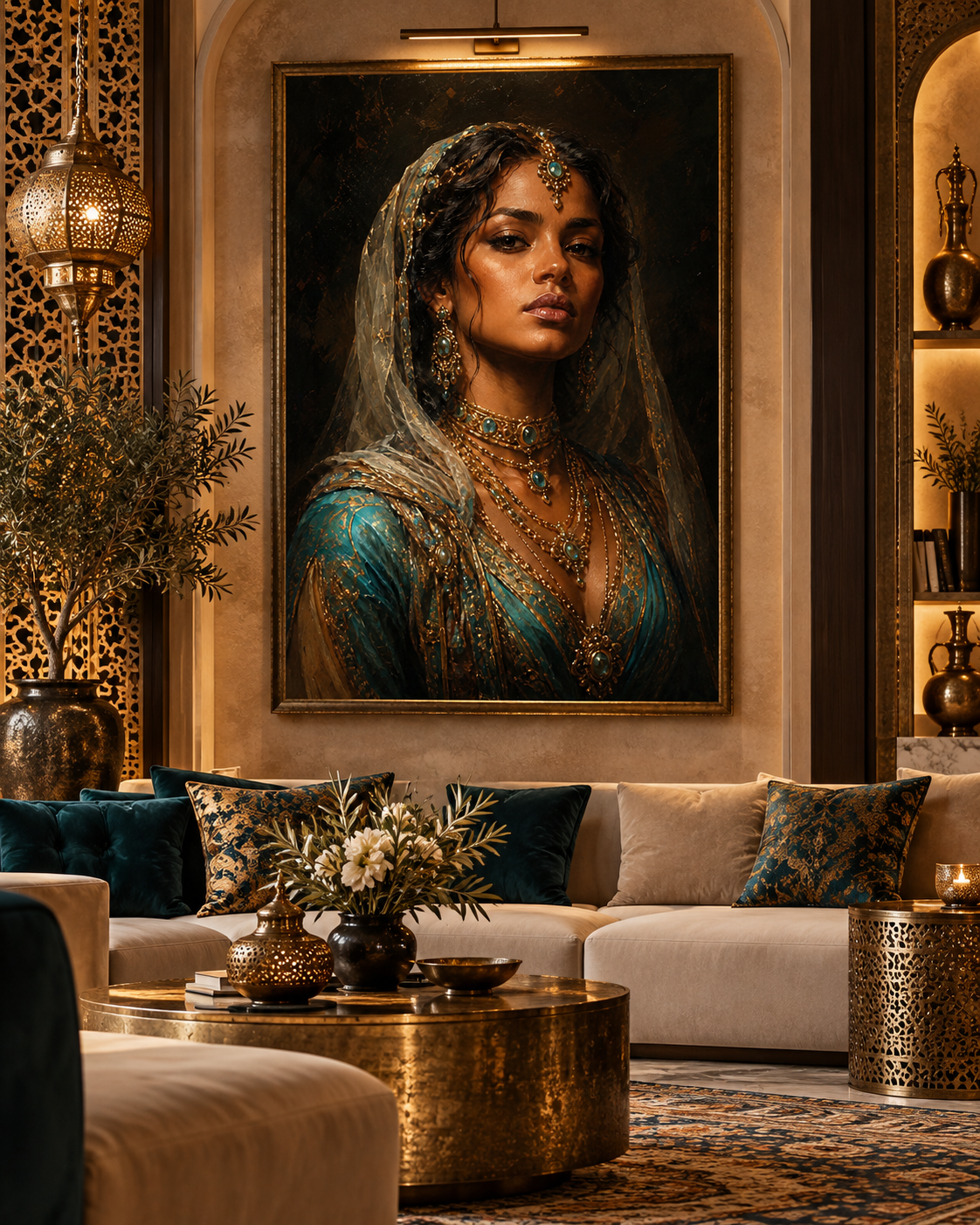 Lienzo Reina del Oasis en azul turquesa y oro, mostrado con marco en un salón árabe con sofá crema, cojines turquesa y mesa dorada