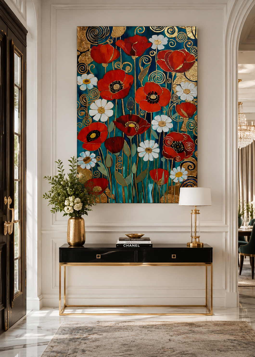 Lienzo decorativo de flores y patrones dorados