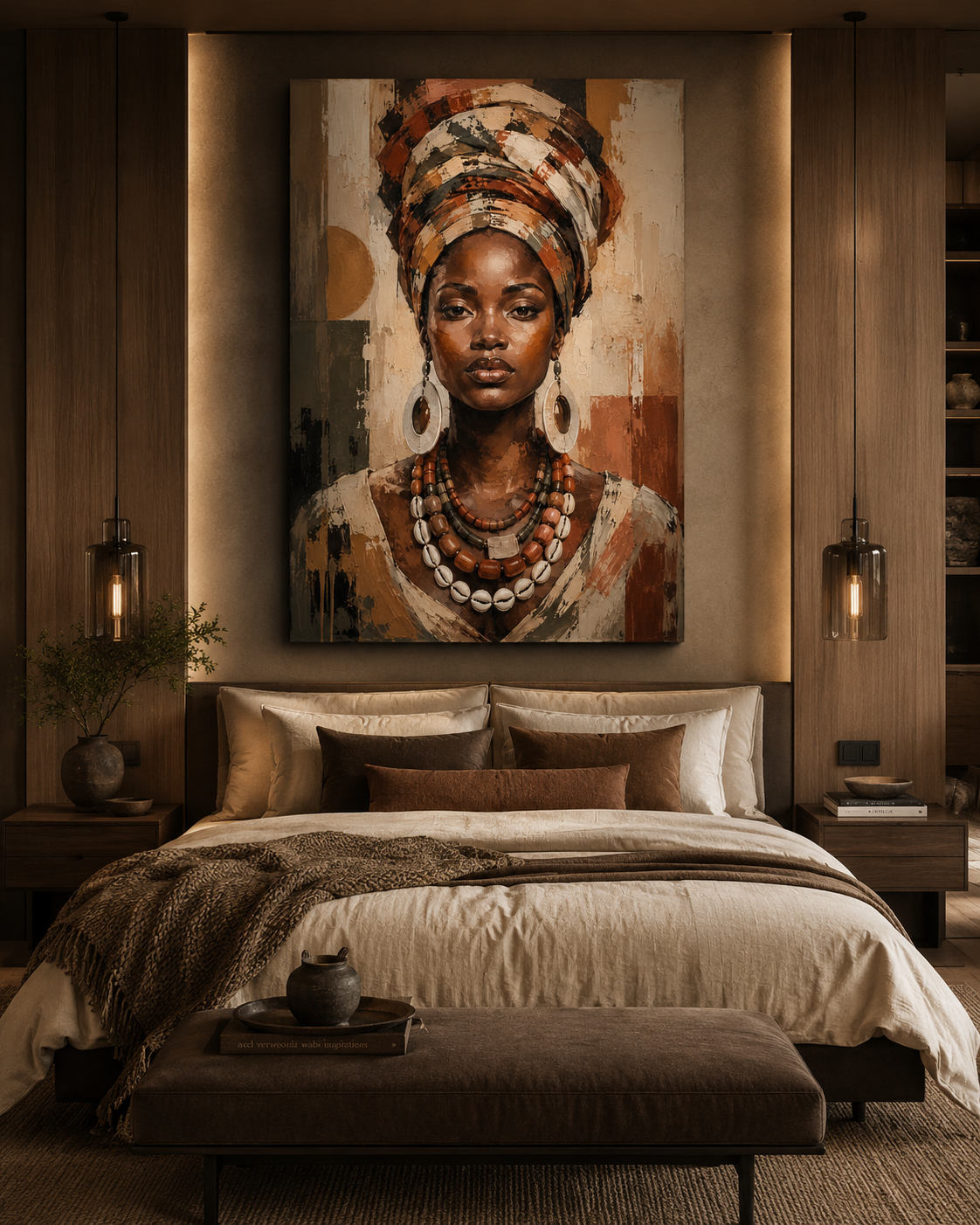Retrato de Mujer Africana con Turbante y Collar de Cauris en Lienzo | Arte Étnico Contemporáneo