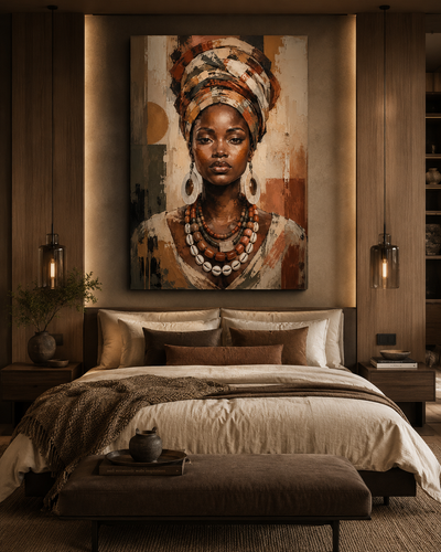 Lienzo de retrato africano con estética boho y terracota