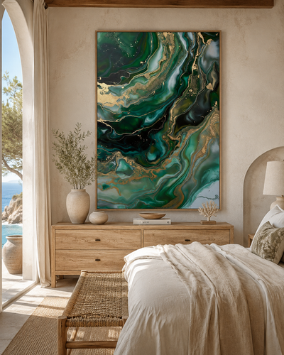 Arte de pared abstracto verde y dorado para interior contemporáneo