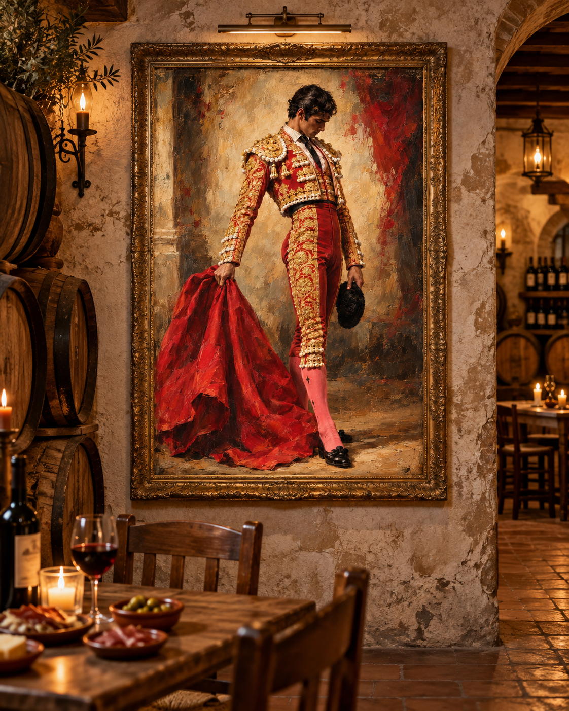 Lienzo de torero en rojo y dorado en una bodega con barricas de vino, mesa de madera con copas y aceitunas