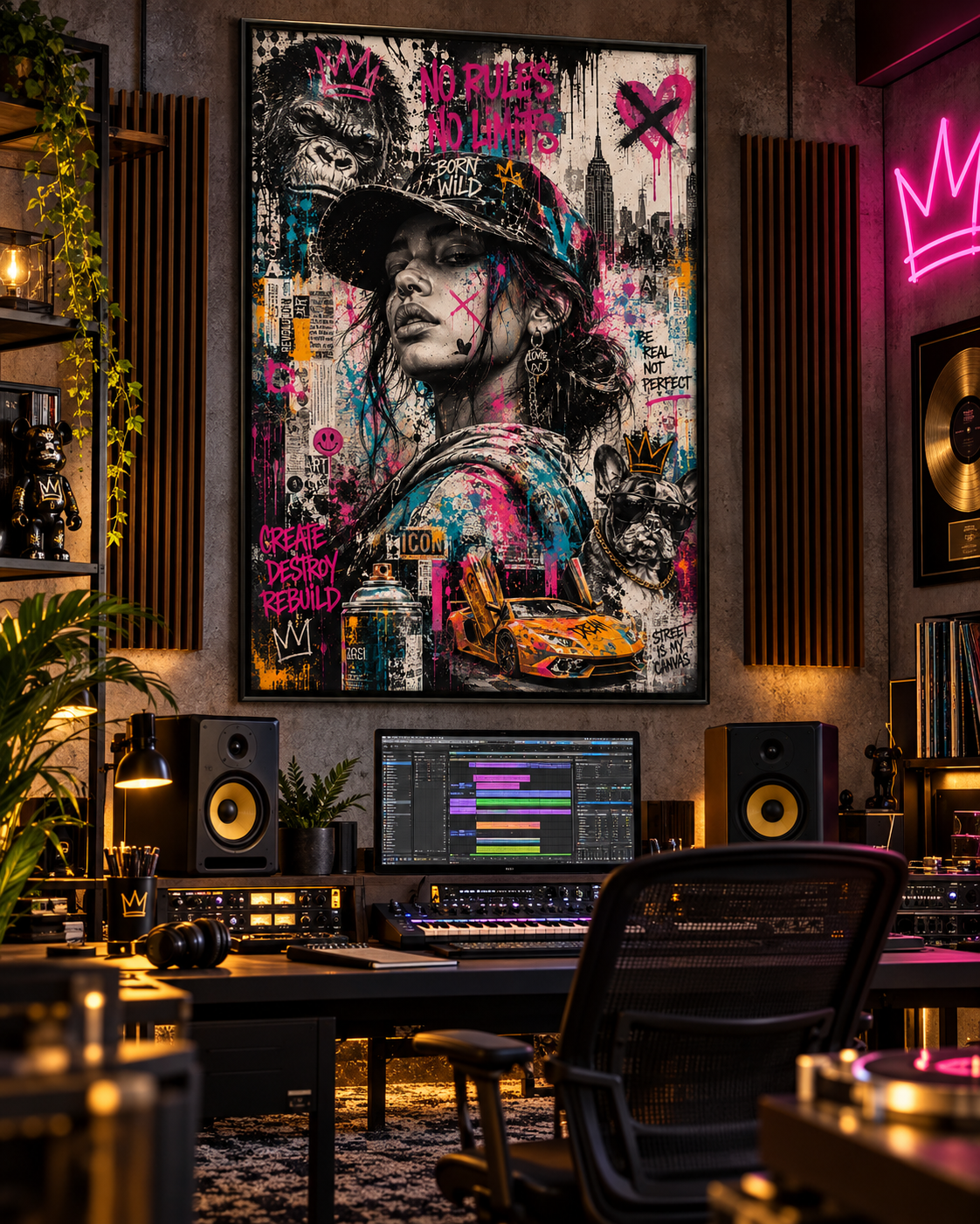 Lienzo street pop Born Wild en un estudio de grabación con monitores, altavoces y neón rosa en la pared