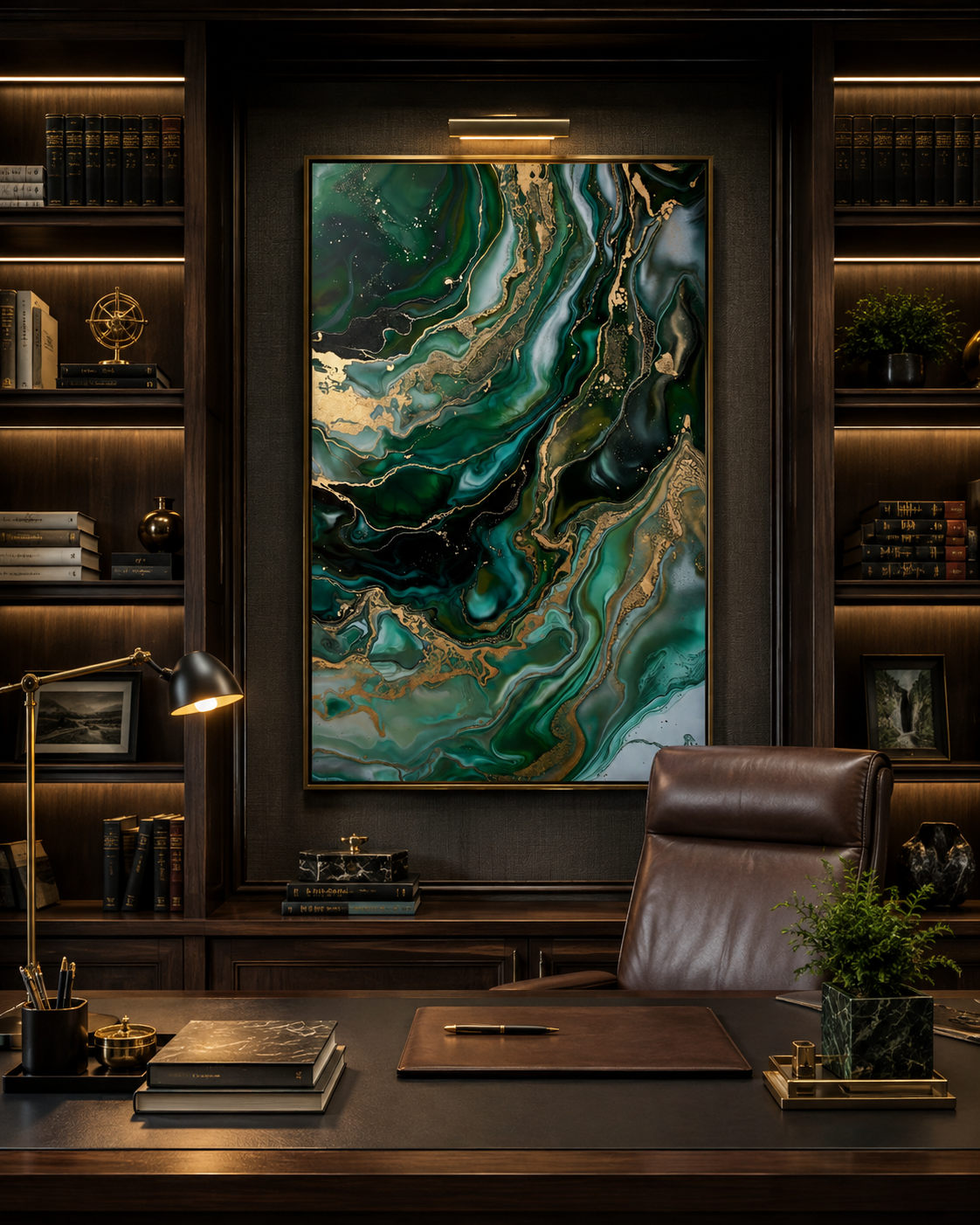 Lienzo moderno verde y dorado con formas orgánicas