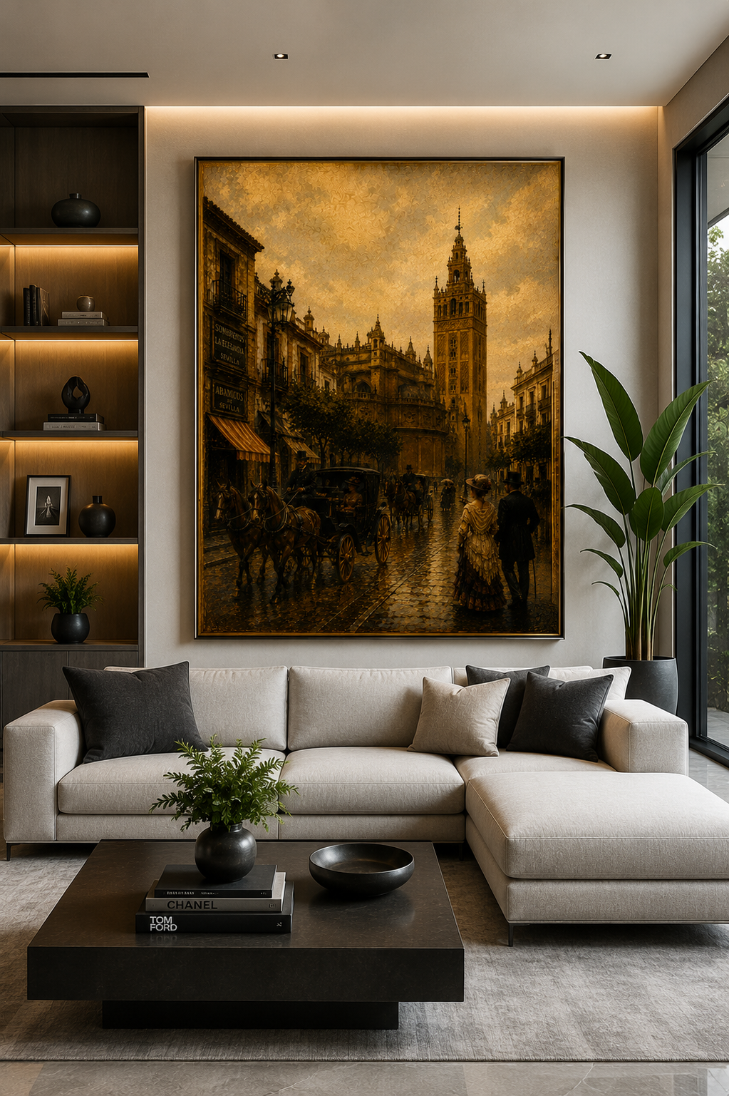 Lienzo de la Giralda de Sevilla en un salón moderno