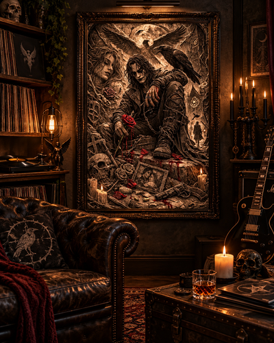 Cuadro de arte gótico El Cuervo en una biblioteca oscura con sillón de cuero, velas y guitarra eléctrica