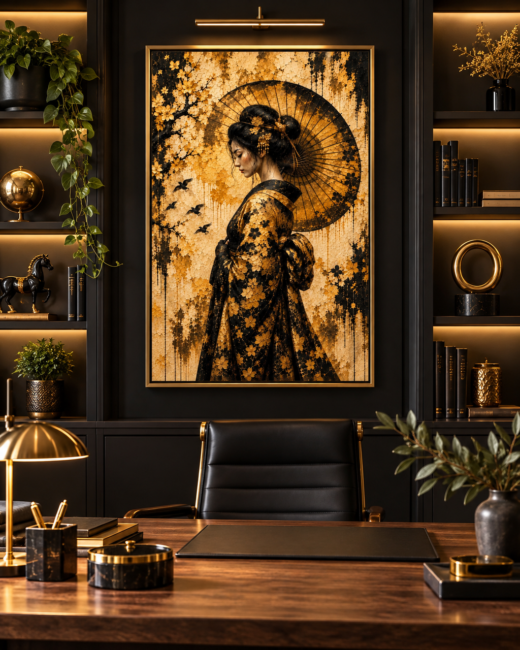 Geisha con kimono floral en lienzo dorado y negro sobre un despacho oscuro con escritorio de madera y silla de cuero