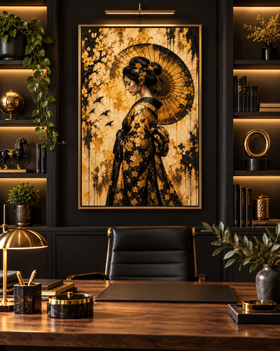 Geisha con kimono floral en lienzo dorado y negro sobre un despacho oscuro con escritorio de madera y silla de cuero