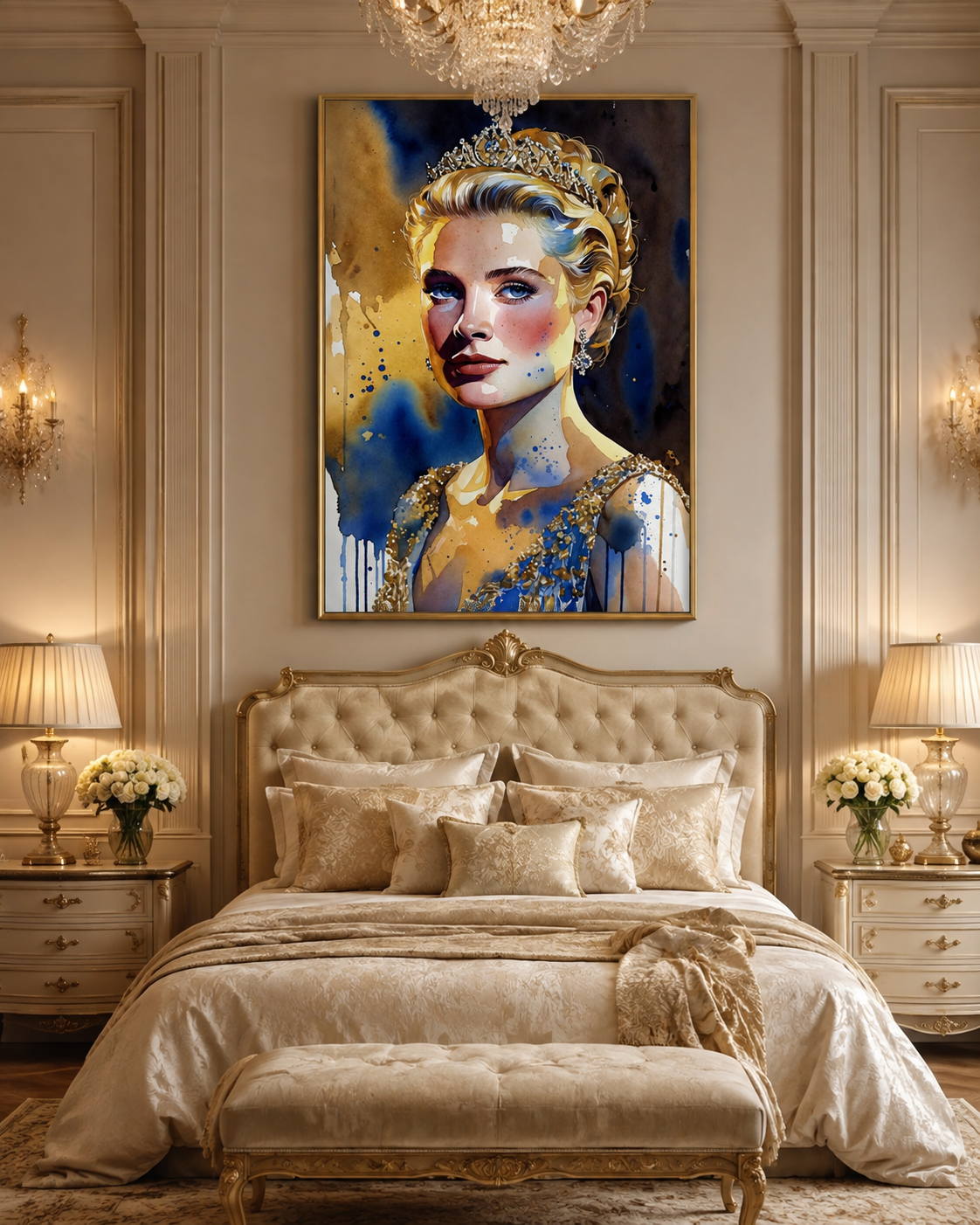 Grace Kelly en lienzo glamour vintage con tiara y detalles dorados