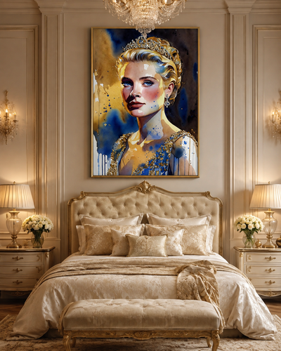 Grace Kelly en lienzo glamour vintage con tiara y detalles dorados