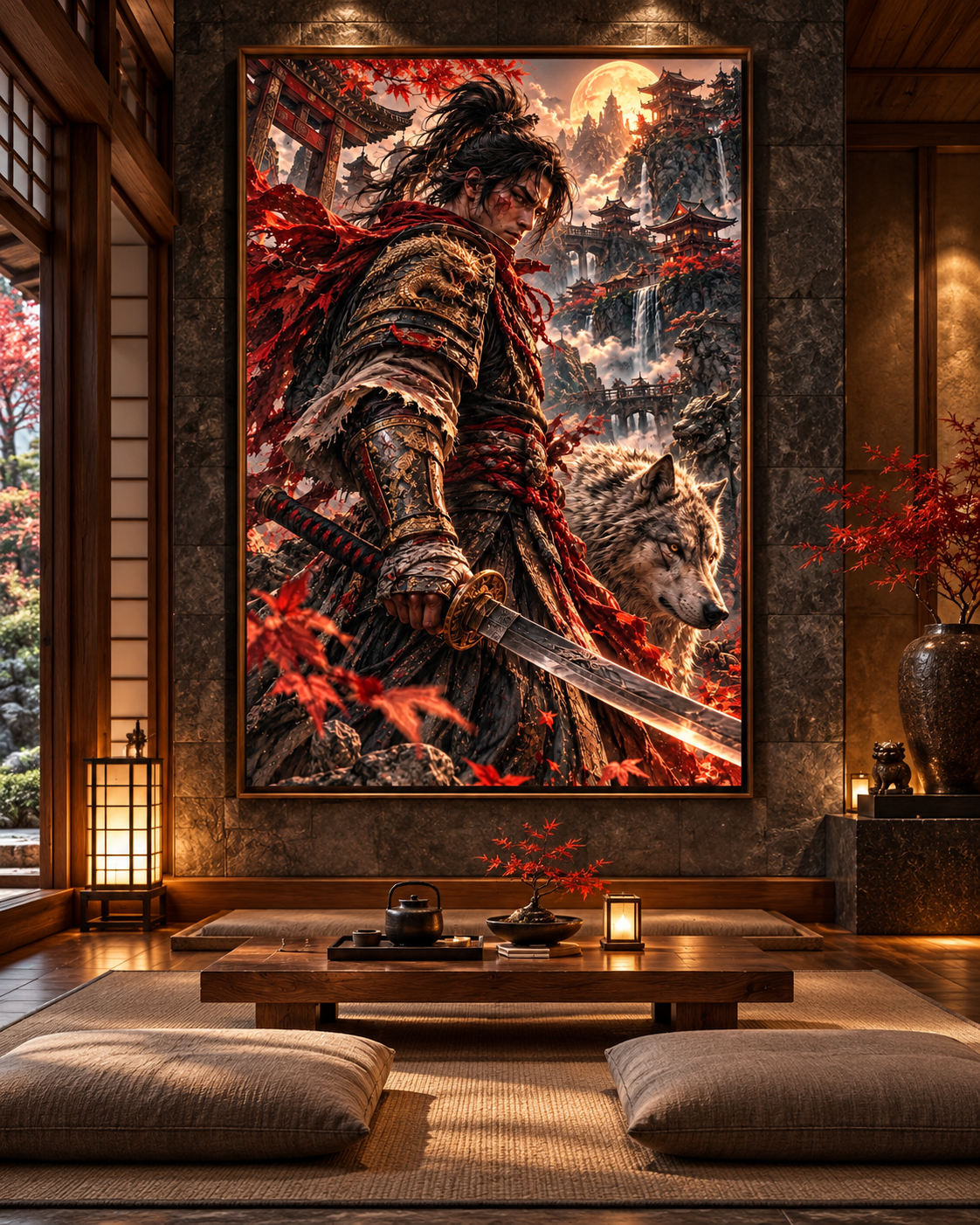 Lienzo Samurái y Lobo entre Arces Rojos, arte japonés impreso en algodón premium (vista 4 de 10)