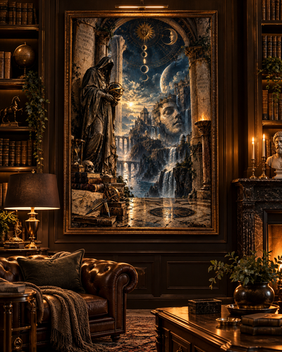 Lienzo de sabio guardián y ciudad antigua en tonos azul y dorado en una biblioteca con sillón Chesterfield