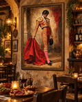 Lienzo El Torero en rojo y oro con marco dorado en una bodega rústica con mesa de madera, vino tinto y tapas