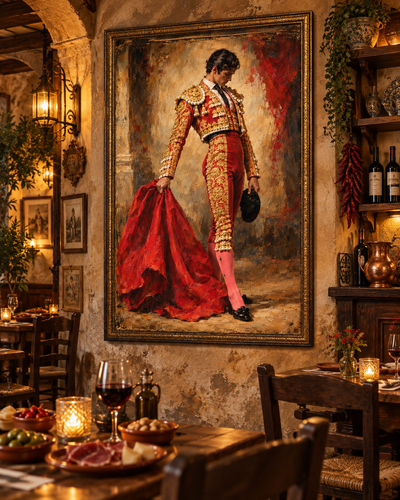 Lienzo El Torero en rojo y oro con marco dorado en una bodega rústica con mesa de madera, vino tinto y tapas