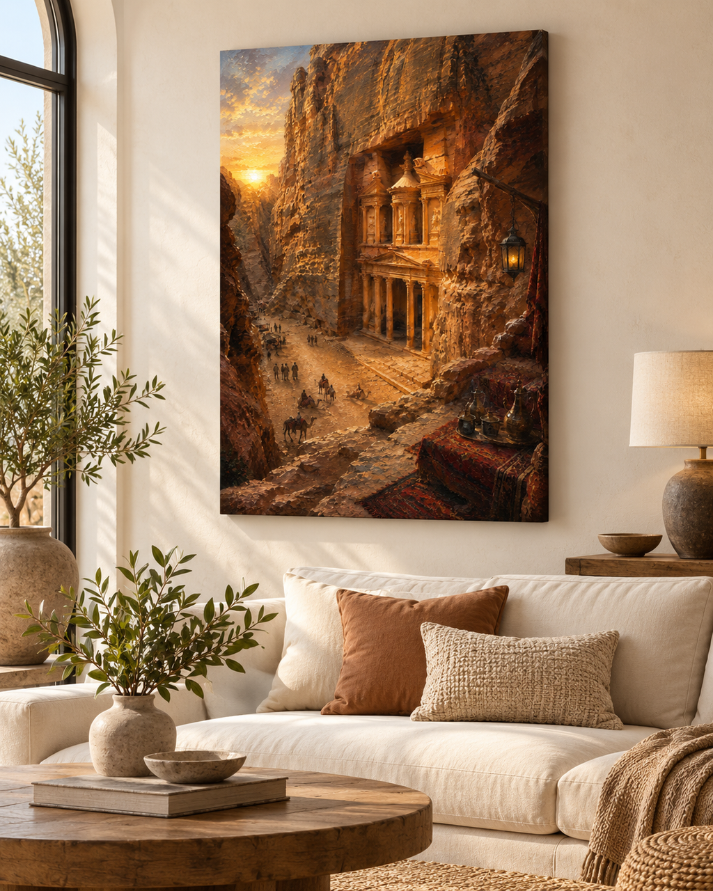 Lienzo de El Tesoro de Petra en un salón luminoso con sofá blanco, cojines terracota y mesa redonda
