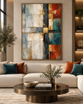 Lienzo Mosaico en Gris, Rojo y Oro, abstracto geométrico en salón moderno