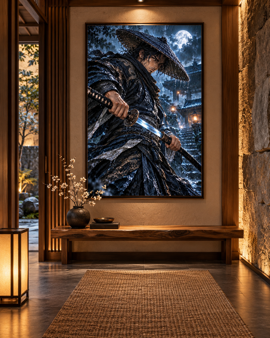 Lienzo Ronin bajo la Lluvia, samurái con katana impreso en algodón premium (vista 10 de 11)