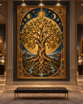 Lienzo del Árbol de la Vida dorado con sol, luna y borde ornamental azul y rojo en una galería con banco negro