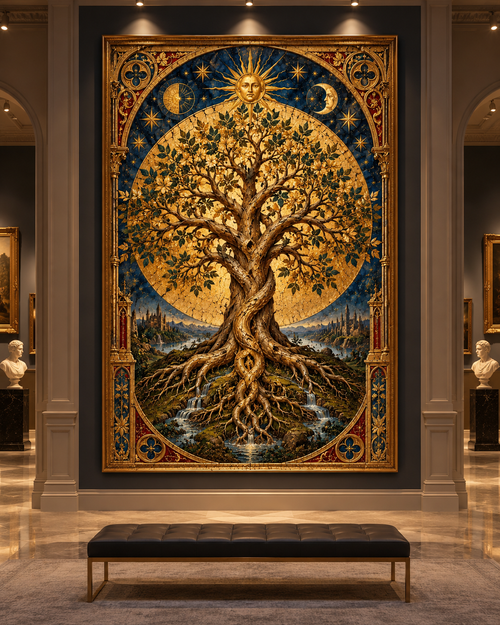Lienzo del Árbol de la Vida dorado con sol, luna y borde ornamental azul y rojo en una galería con banco negro