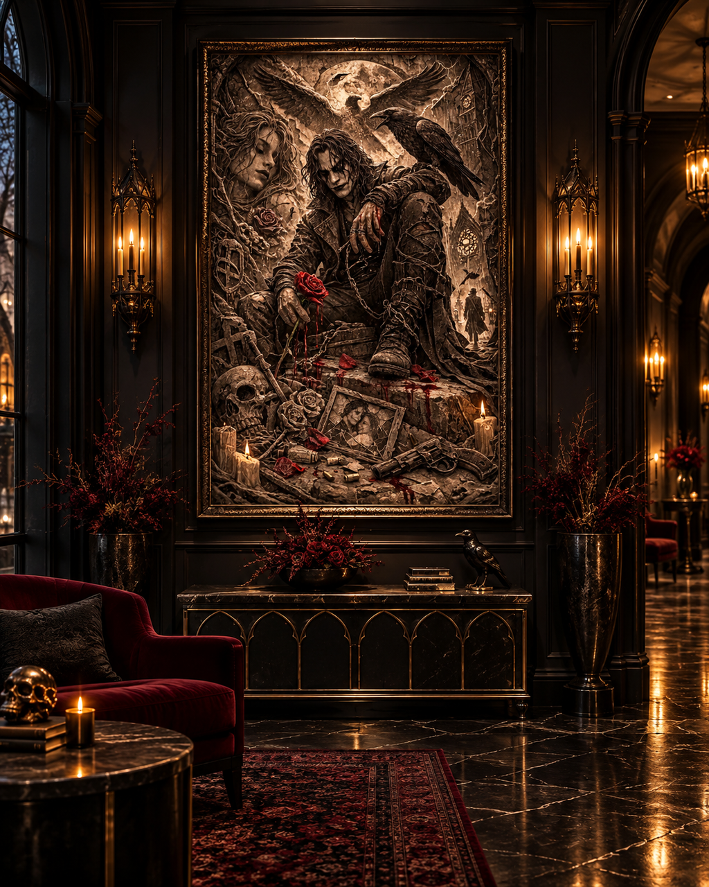 Cuadro gótico de figura con cuervo y calaveras en tonos sepia en un salón oscuro con sillón de terciopelo rojo