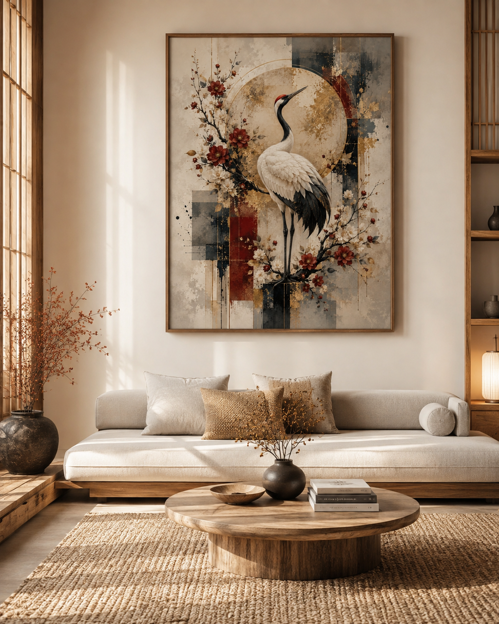 Lienzo impreso oriental de grulla en dormitorio de estilo zen japonés