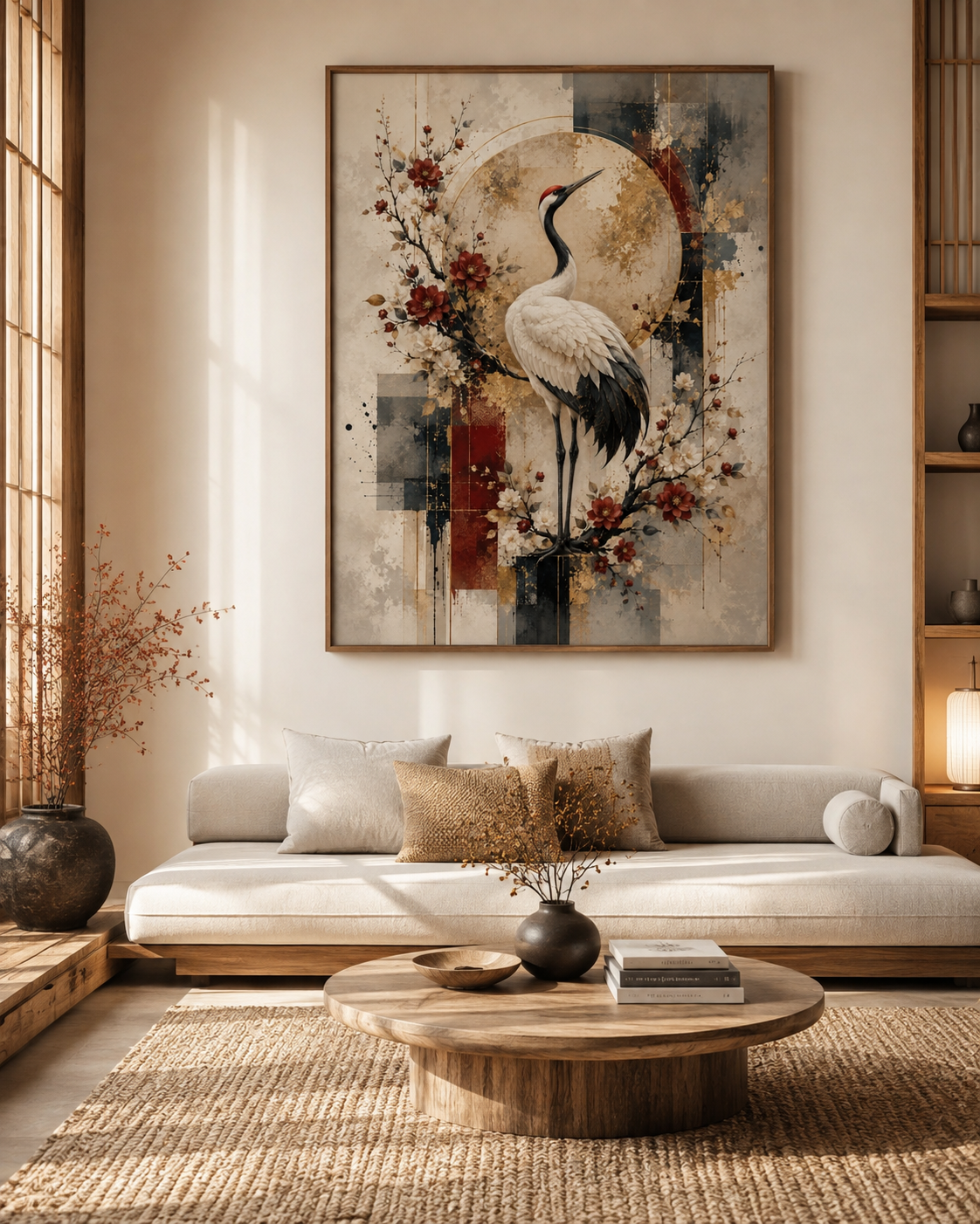Lienzo impreso oriental de grulla en dormitorio de estilo zen japonés